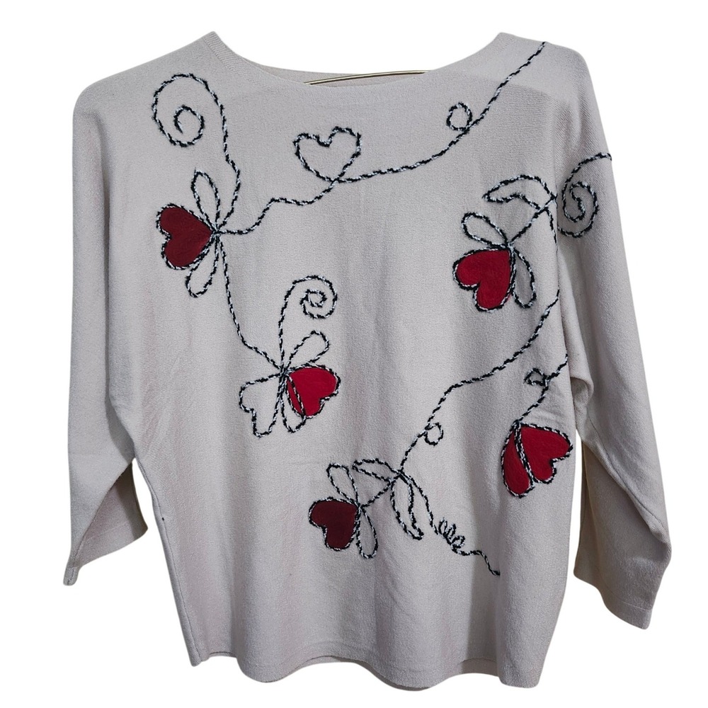 Mila Milano Sweater Womens Large Beige Red Heart Embroidered Dolman Knit Top
